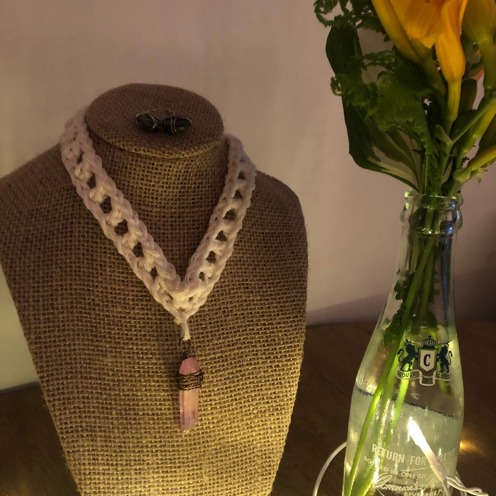 crochet necklace w wire wrapped crystal pendant